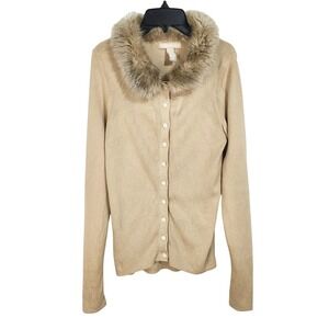 Banana Republic Faux Fur Collar Button Front Sweater Cardigan Small Light Camel